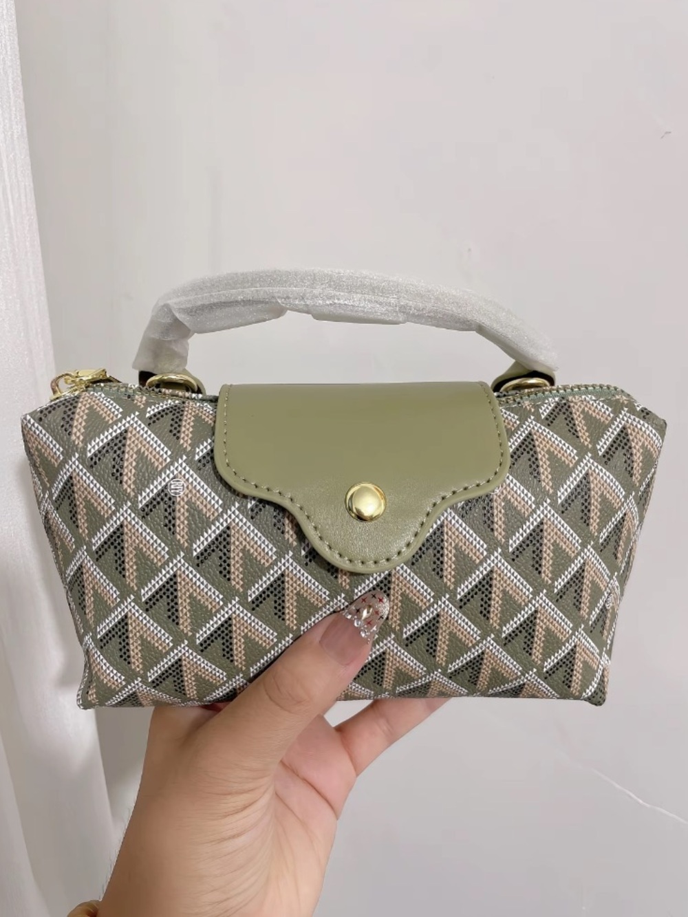 Women's Olive Green tan black Patterned Top-Handle Bag